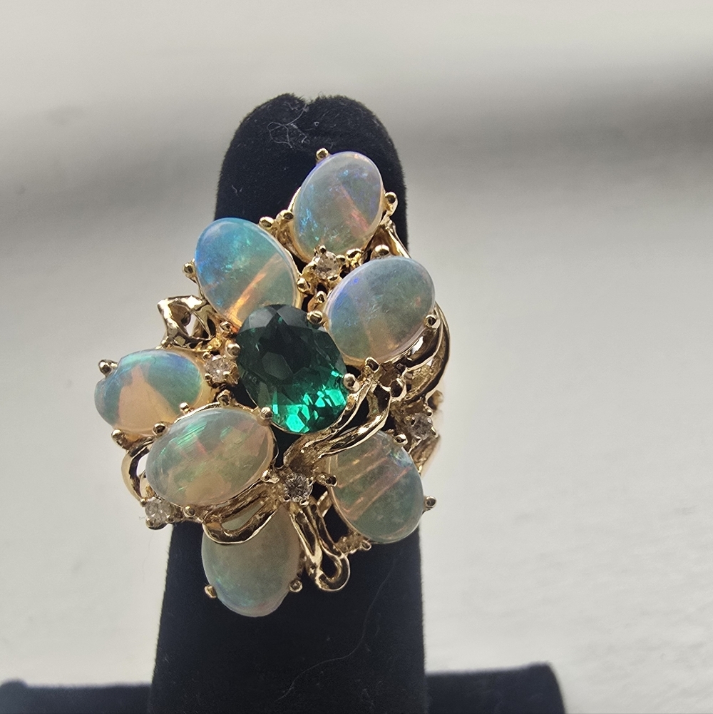 Vintage Opal and Diamond Cluster Cocktail Ring In 14k Yellow Gold  -Sz5